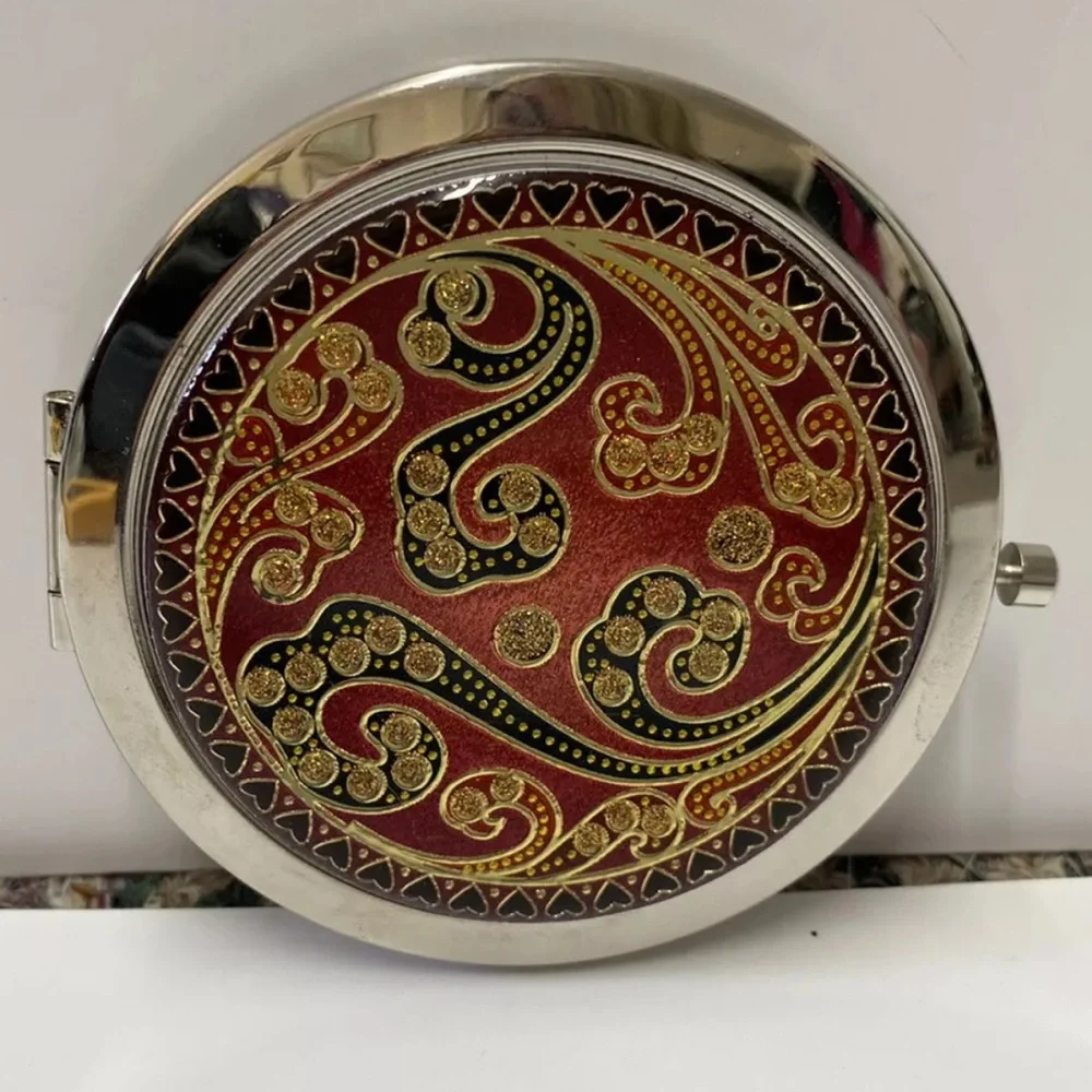 Vintage Cloisonne Pocket Size Mirror Make Up Compact Enamel Thailand